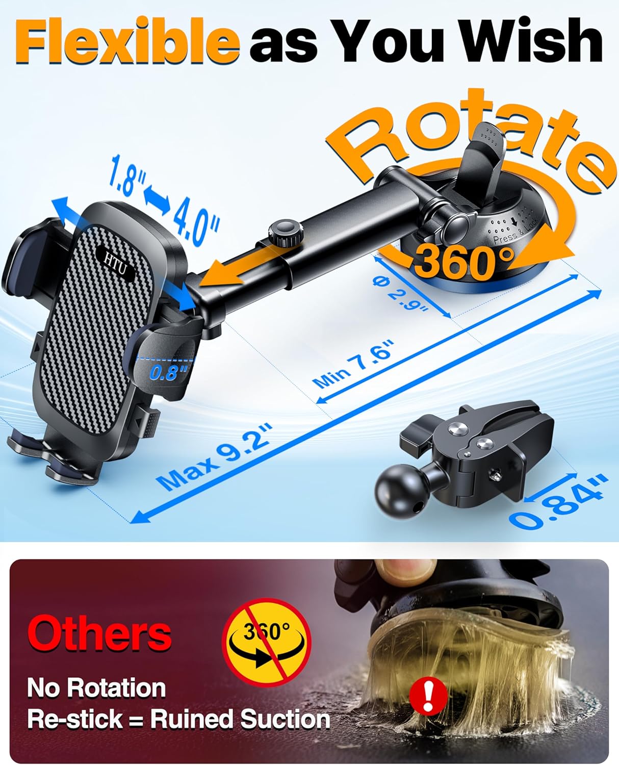 HTU 2025 Best Car Phone Holder 【Ultimate 5-in-1 & Upgraded 100+LBS Strongest Suction】【True Military-Grade & Safety Cert】 360° Windshield Dashboard Vent Mount Stand for iPhone Android & Truck, Black