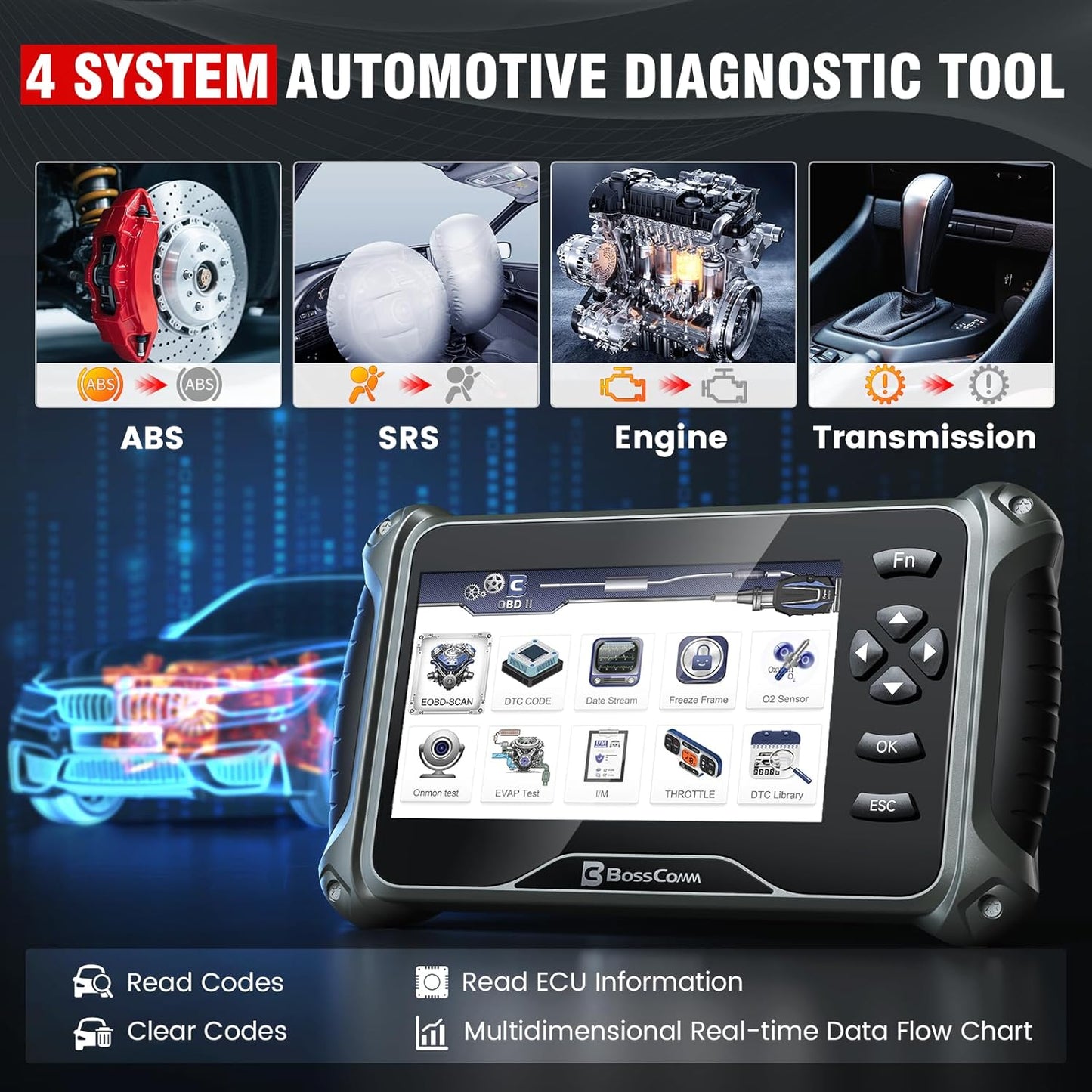 BOSSCOMM IF740 OBD2 Scanner, 4 Systems ABS/SRS/Transmission/Check Engine Code Reader Scan Tool with Oil＆Throttle Resets, Car Scanner Diagnostic Tool for All Cars, Easy to Use, Lifetime Free Update