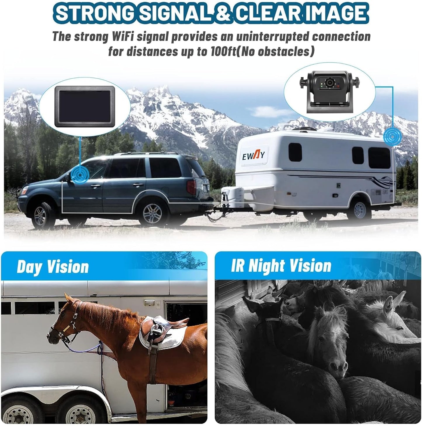 EWAY Wireless WiFi Magnetic Hitch Backup Camera 1080P HD Rechargeable Battery Powered No Wiring Rear View Reverse Monitoring Camera for Car Truck Pickup RV Camper 5th Wheel Horse Trailer Boat Trailer