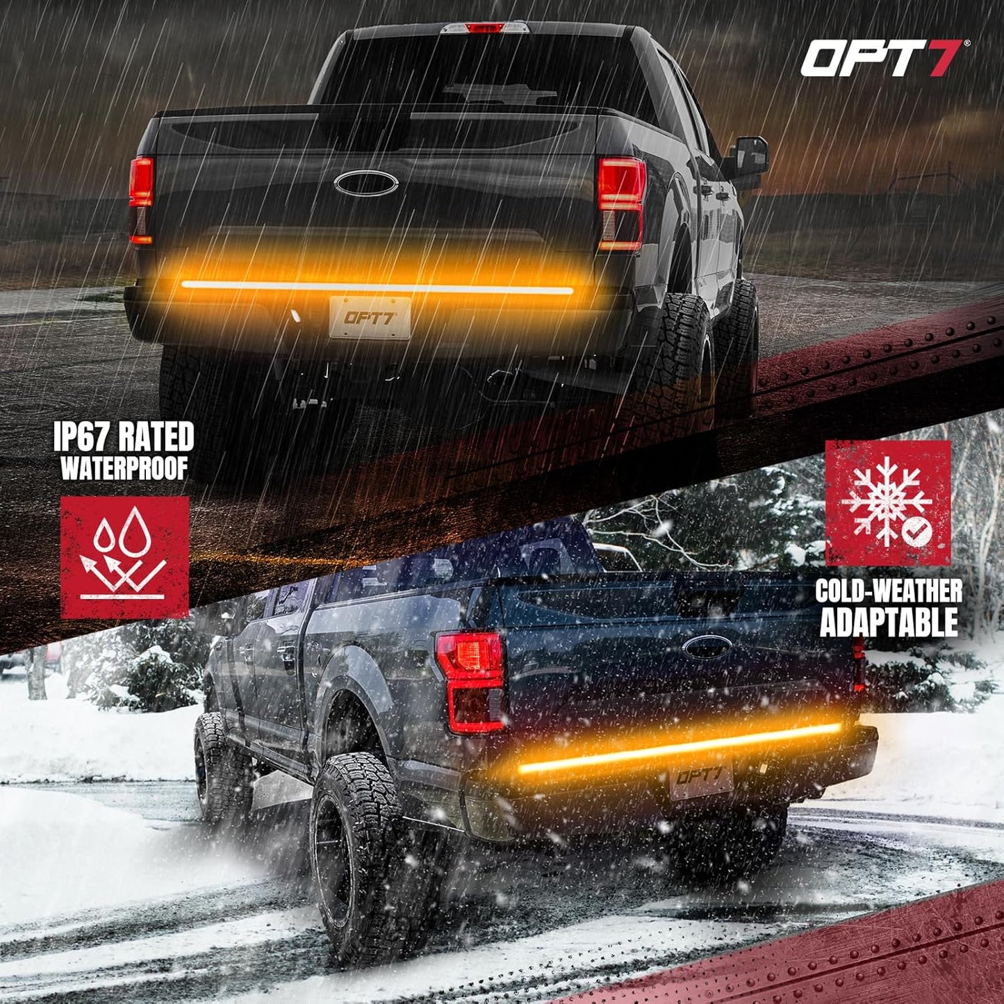 OPT7 60" Redline Triple Row LED Tailgate Light Bar w/Sequential Amber Turn Signal - Weatherproof Rigid Aluminum Frame Light Strip for F150 RAM Silverado Sierra - Full Functions Reverse Brake Running
