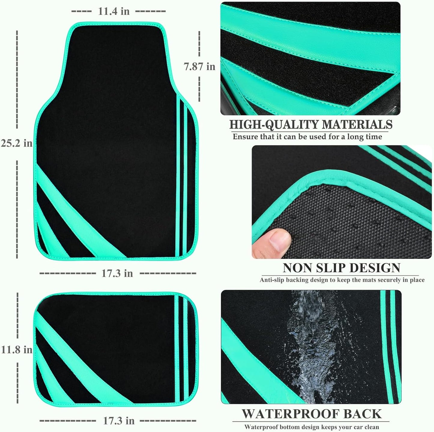 CAR PASS Mint Green Edge Leather Car Floor Mats, Universal Car Mats with Double Stitch Line and Anti-Slip Backing Design, for Cute Girly Women, Fit 95% Automotive,SUVs,Sedan,Vans (Black and Mint)