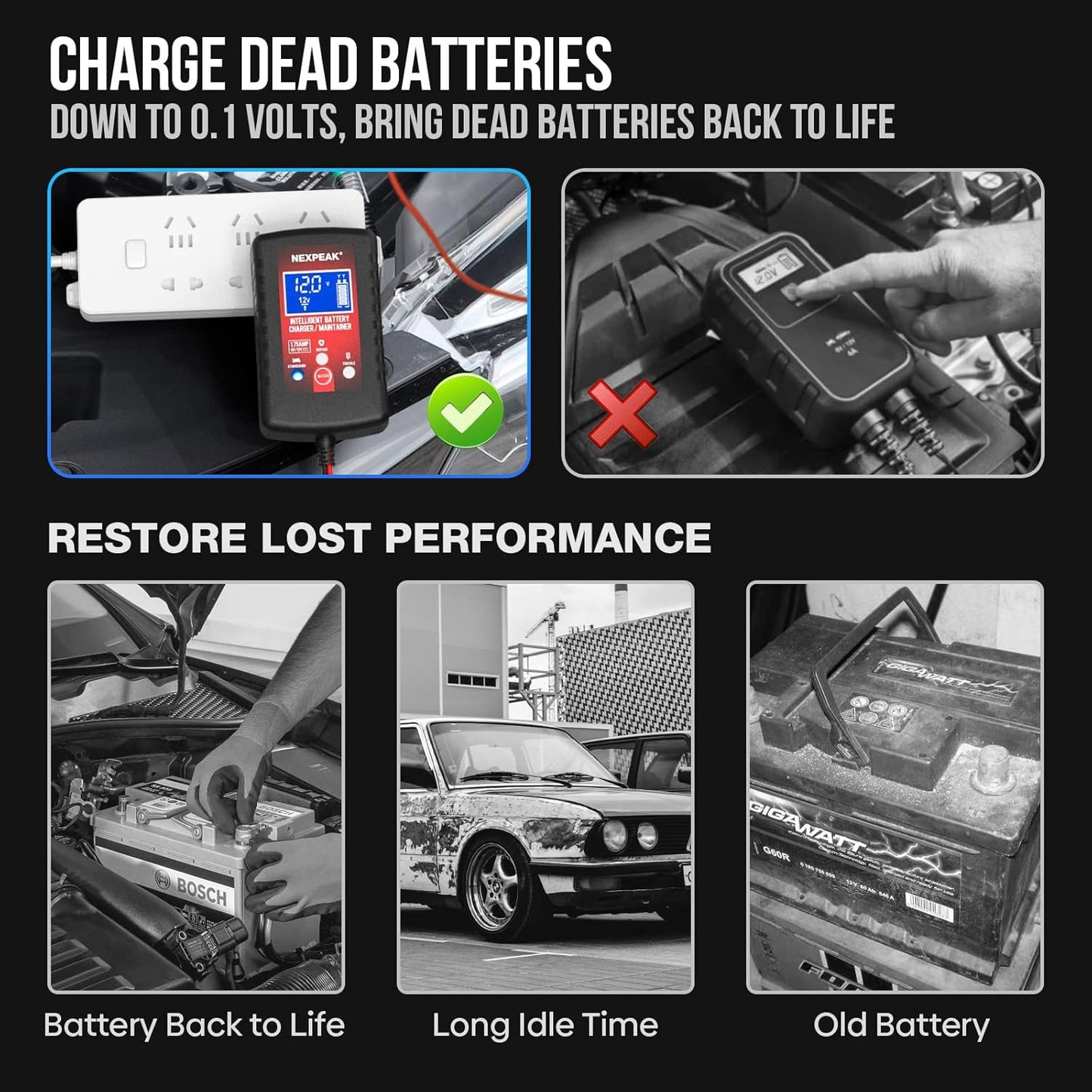 [3-Pack]1.75-Amp Car Battery Charger, 6V and 12V Smart Fully Automatic Battery Charger Maintainer, Trickle Charger, Battery Desulfator for Car, Lawn Mower, Motorcycle, Boat, Marine Lead Acid Batteries