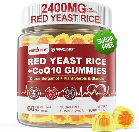 Red Yeast Rice Gummies 2400MG with CoQ10, Suagr Free Balanced Cholesterol Supplements Plus Citrus Bergamot, Plant Sterols & Stanols Supports Vascular Health, Energy, Immunity for Age 50+,Vegan,60 Cts
