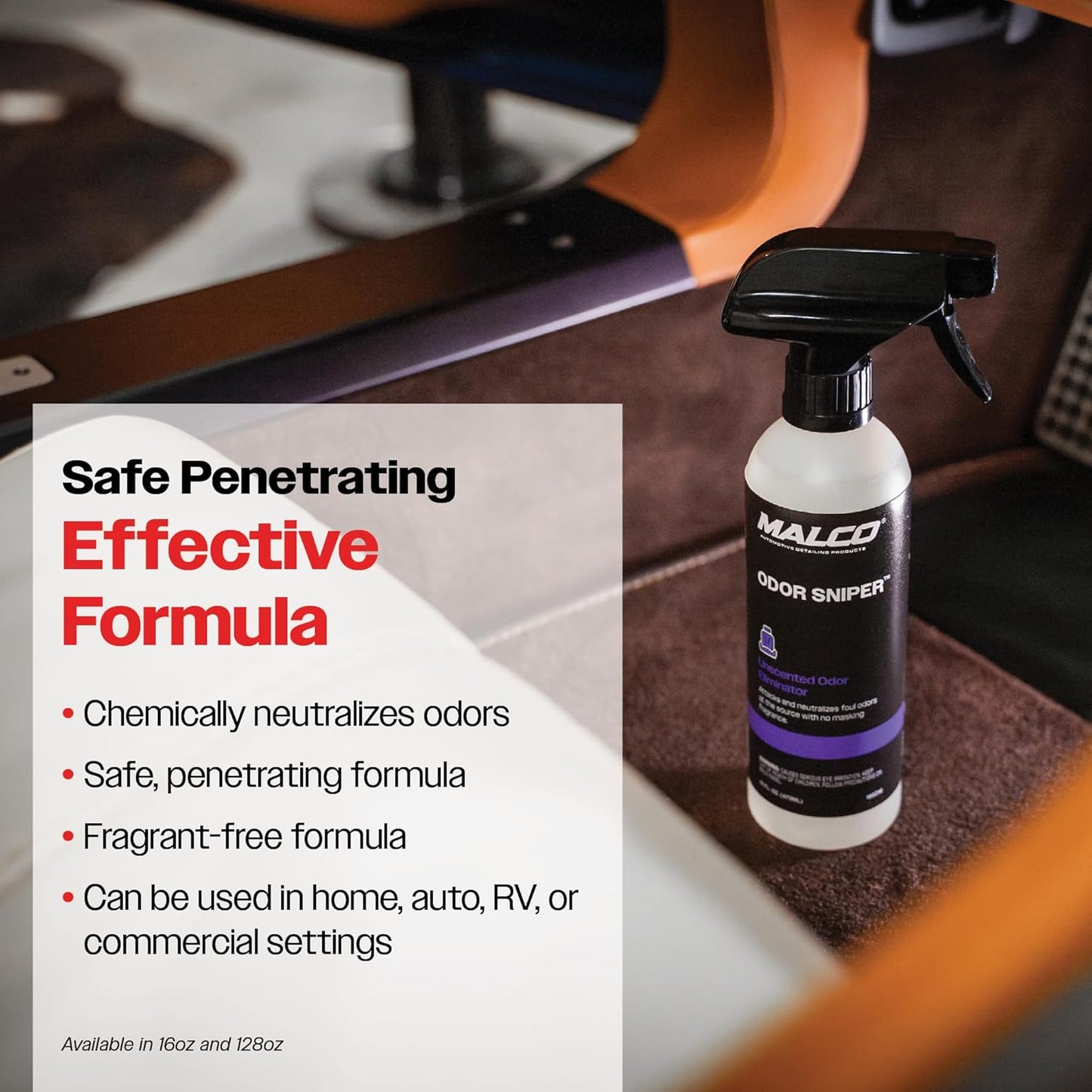 Malco Odor Sniper - Fragrance-Free Odor Eliminator for Car Interiors/Penetrates Odors at the Source/Chemically Neutralizes Foul Scents in Your Vehicle / 16 Oz. (199016)