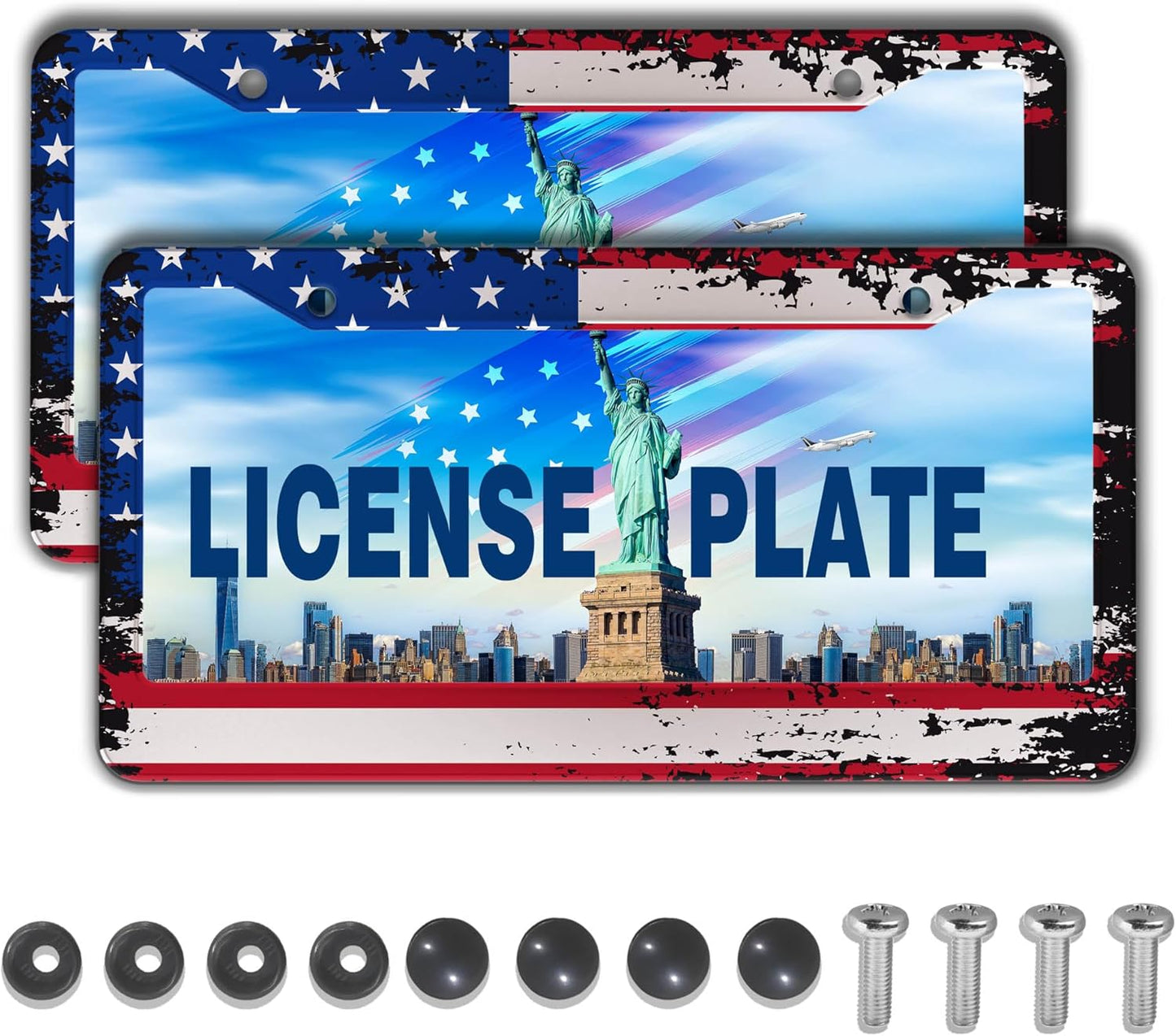 License Plate Cover Multicolor License Plate Frames Patriotic USA American Flag Aluminum Metal Car Accessory 2 Pack with Screw Covers Set