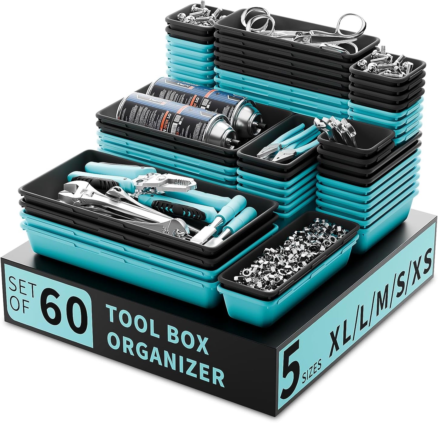 Tool Box Organizer Tray, Toolbox Desk Drawer Organizer, Tool Box Tray, Toolbox Organization Storage for Rolling Tool Chest (60PCS (Blue+Black))