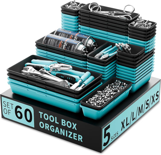 Tool Box Organizer Tray, Toolbox Desk Drawer Organizer, Tool Box Tray, Toolbox Organization Storage for Rolling Tool Chest (60PCS (Blue+Black))