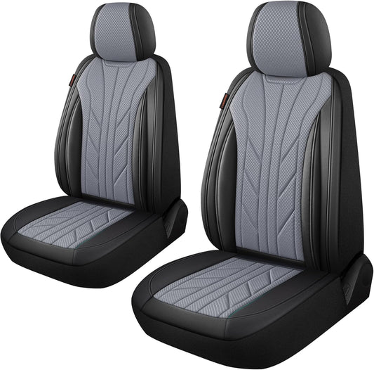 CAROMOP Luxury Faux Leather&Fabric Car Seat Covers 2 Front Seats with Breathable 3D Foam Back Support, Universal Seat Covers for Cars,Trucks,SUVs, Front Armrests Compatible(Black/Grey)