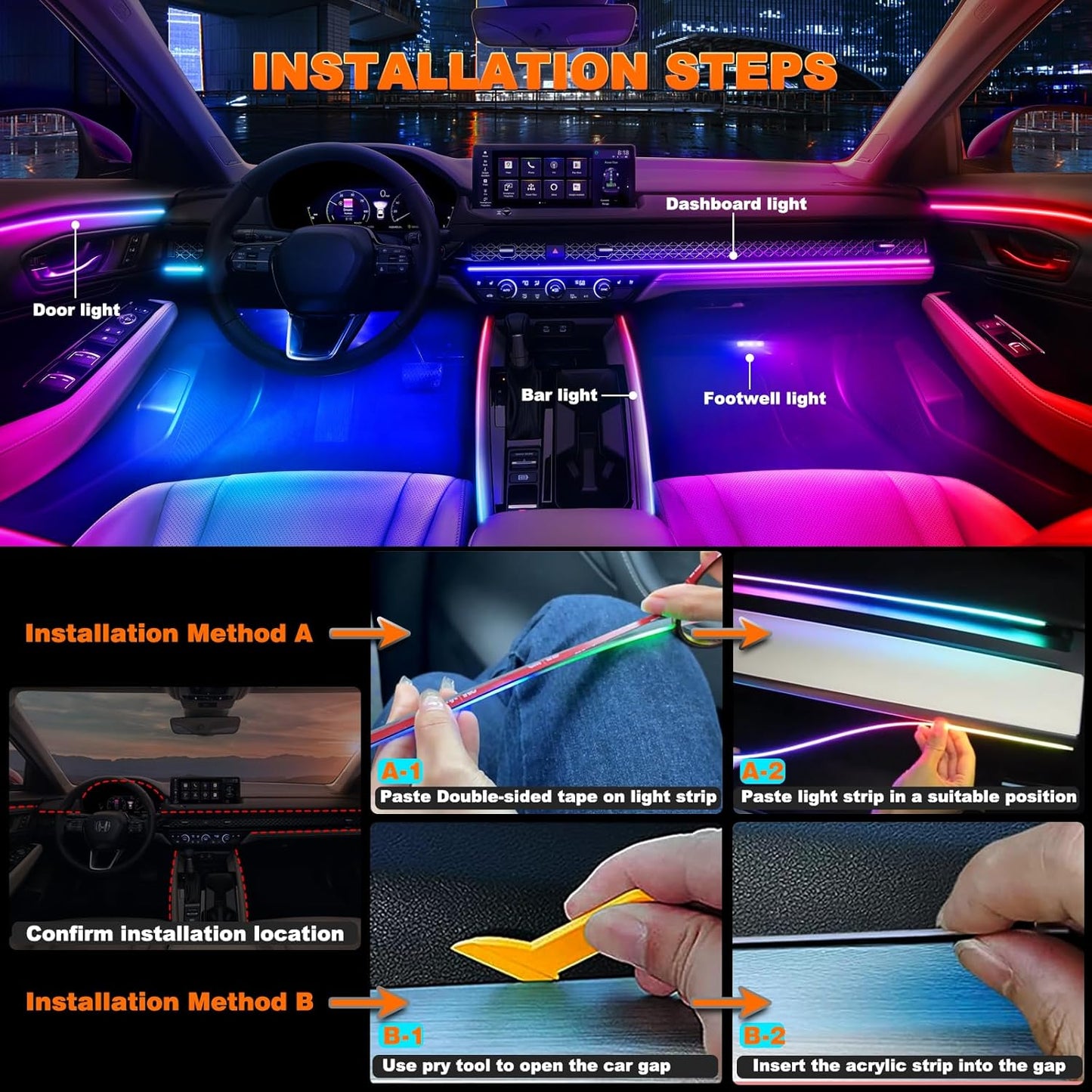 Interior Car LED Strip Lights, Acrylic LED Lights for Car with Dynamic Dreamcolor Chasing, Ambient Lighting Kits Music Sync Wireless APP and RF Remote Control (43.5+14.5'')