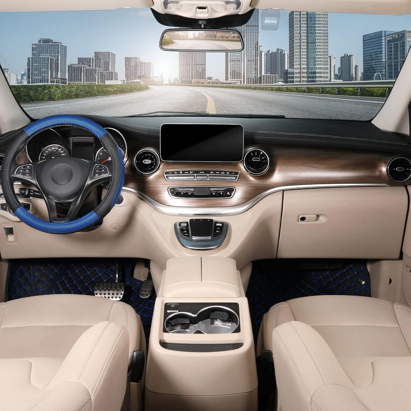 SEG Direct Car Steering Wheel Cover Universal Standard Size 14.5-15 inch, Black and Blue Microfiber Leather