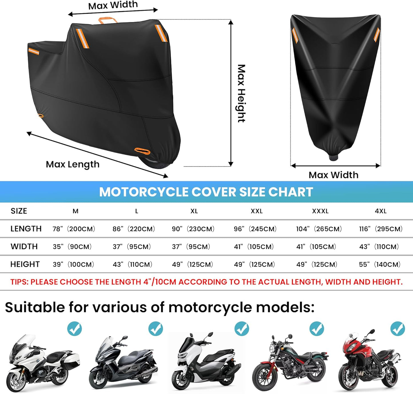 Motorcycle Covers Waterproof Outdoor Storage, Heavy Duty Motorbike Scooter Cover All Weather Protection with 4 Reflective Strips, 2 Lock-Holes, 2 Windproof Buckles (3XL: 95 x 37 x 49 inch)