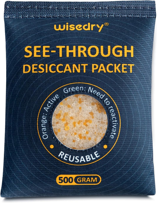 wisedry 2 x 500 Gram See-Through Silica Gel Packets, Color-Indicating Desiccant Packs for Storage, Reusable Safe Dehumidifier, Heat Resistant Dehumidifier Bags