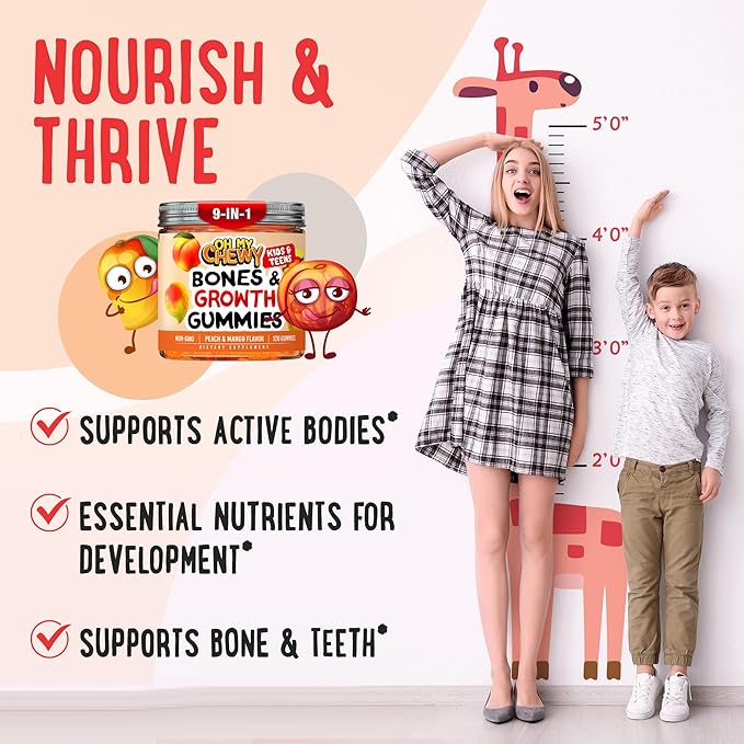 Center-Filled Bones & Growth Support Gummies - Supplement Vitamins for Kids & Teens with Calcium, Astragalus, D3, K2 & Omithine HCI - Peach & Mango - 60 Count