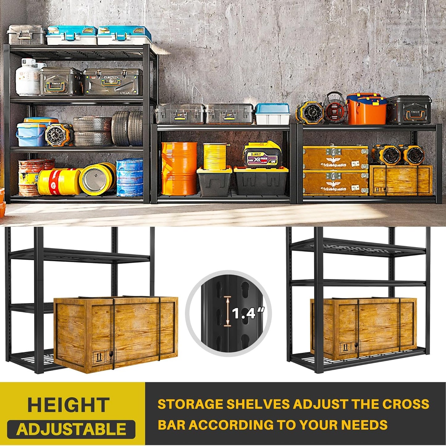 REIBII 40" W Garage Shelving 2240 LBS Storage Shelves Adjustable Heavy Duty Shelving 4 Tier Metal Shelves for Storage 59.5"H Metal Shelf for Pantry Basement Warehouse 40"W × 19.5"D × 59.5"H, 4 Pack
