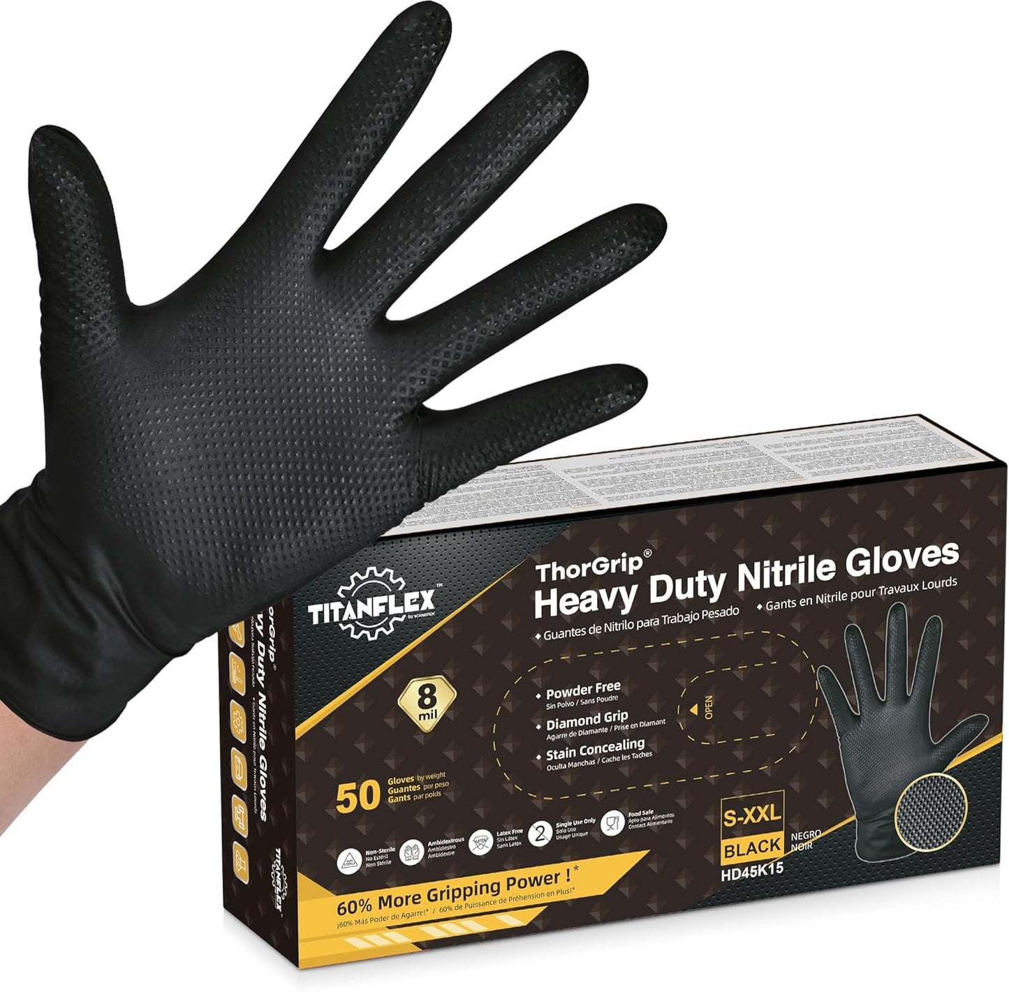 TitanFlex Thor Grip Heavy Duty Black Industrial Nitrile Gloves with Raised Diamond Texture, 8-mil, Latex Free