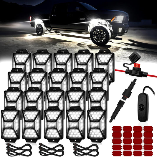 20 Pods Pure White LED Rock Lights Kit with Switch Wiring Harness,6500K 540 LEDs Bright Rock Lights for Trucks,Waterproof Underglow Light for Car Jeep Off Road ATV UTV SUV