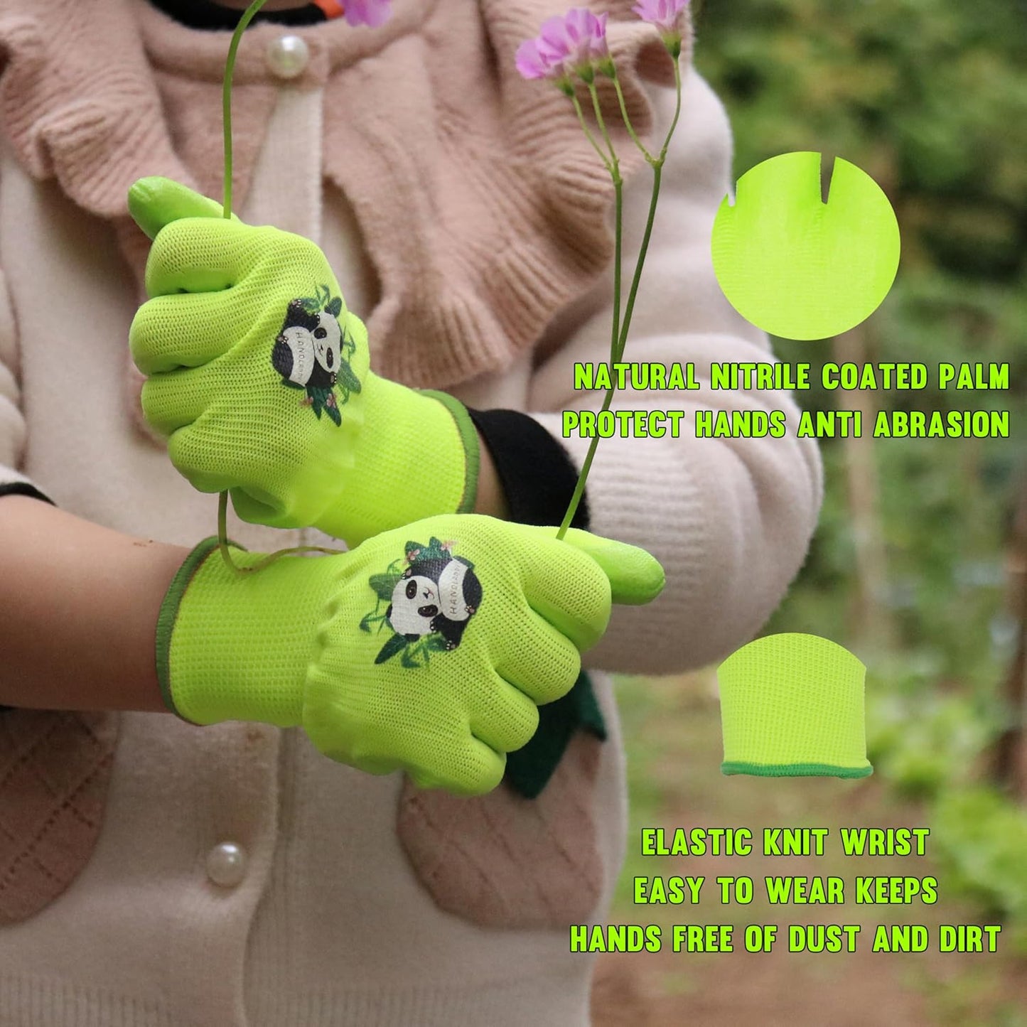 HANDLANDY 2 Pairs Kids Gardening Gloves, Toddler Children Garden Yard Work Outdoor Playing Gloves, Rubber Coating, for Girls Boys Youth (Size S, Green)