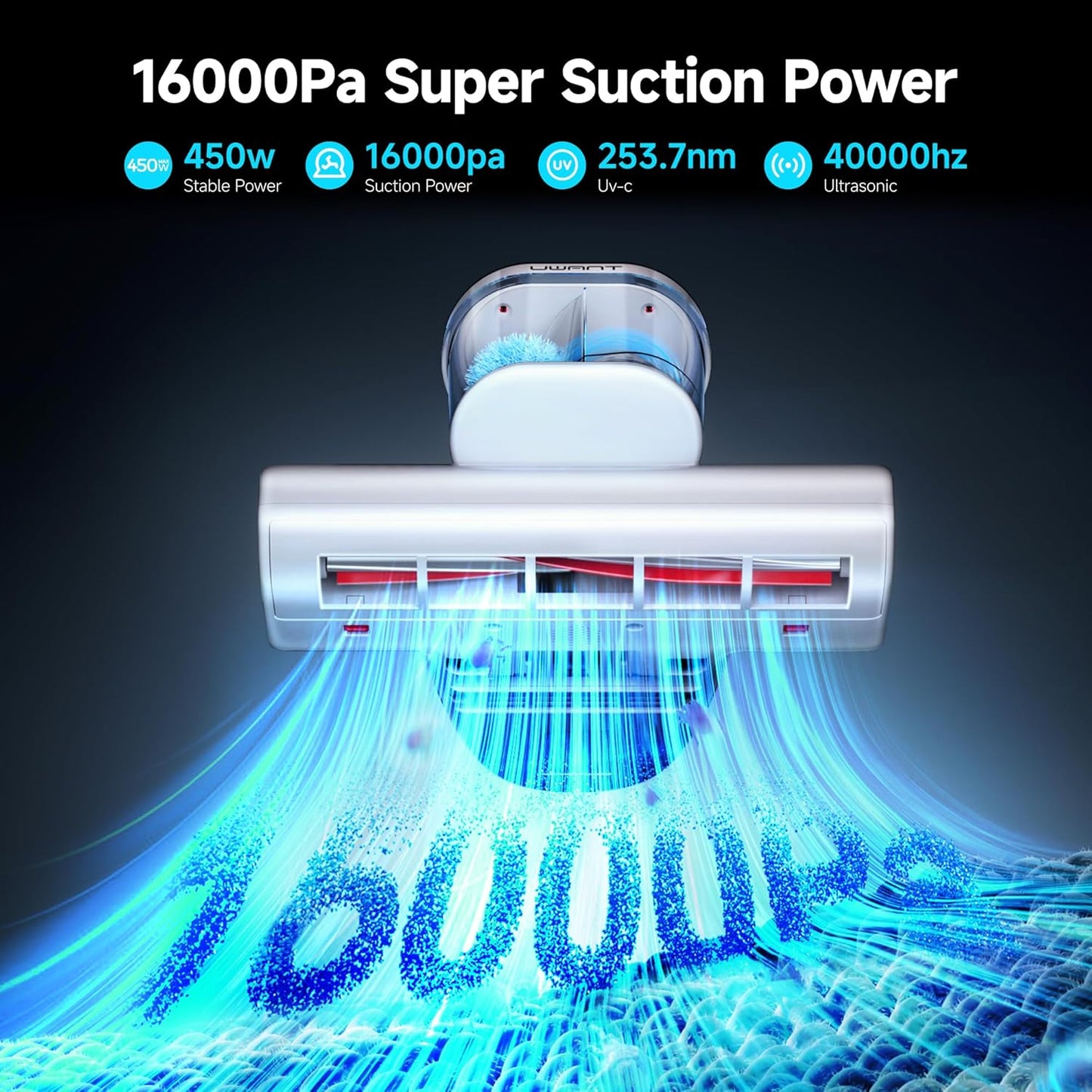 uwant Bed Cleaner with 16Kpa Suction Metal Roller 253.7nm Uv-c Light Mattress Vacuum Cleaner 36000RPM/Min 149℉ Heating HEPA Filter&Ultrasonic Mattress Vacuum for Sofa, Pillow, Bed Throws, Vanilla