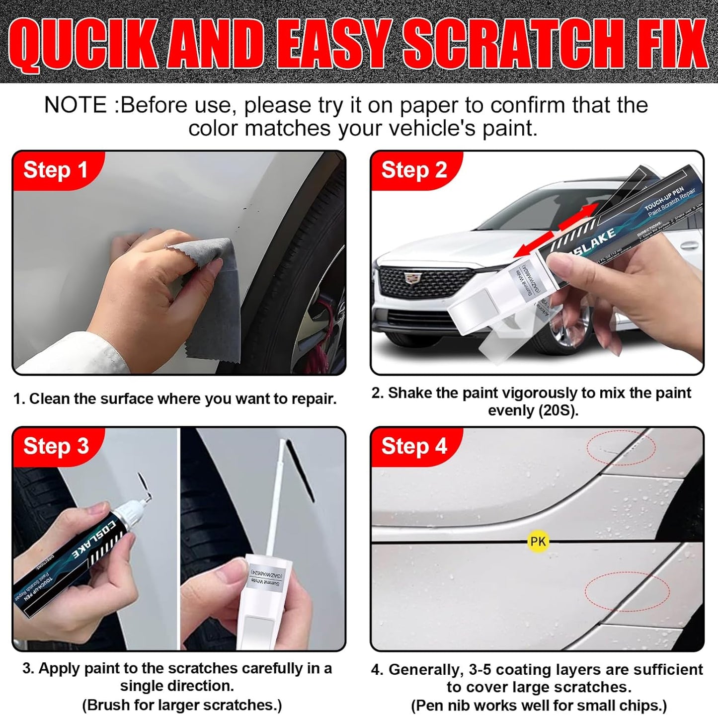 Car Touch Up Paint(Summit White(GAZ/WA8624)) for Cadillac, Car Paint Scratch Repair Kit, Quick & Easy Solution to Repair, Scratch Remover Pen with 2PCS Disposable Micro Applicators