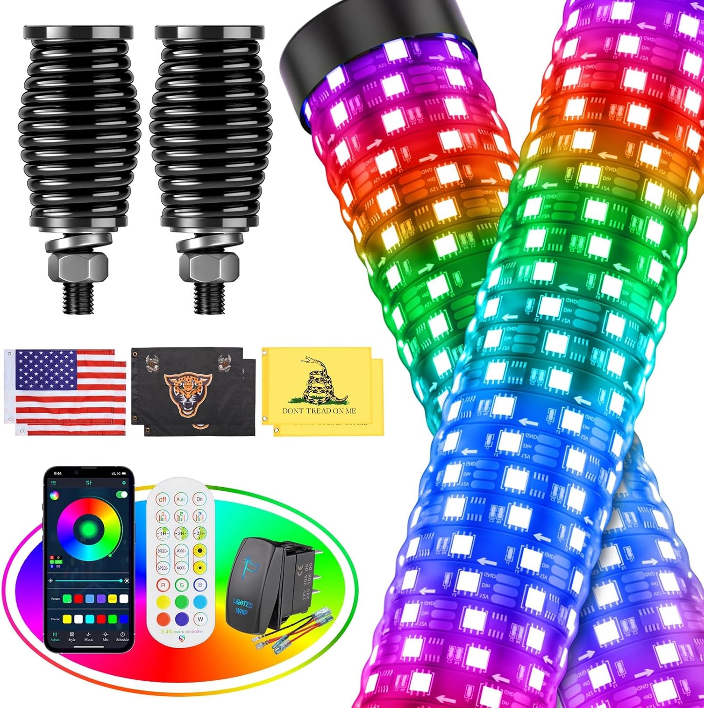 2PCS 4FT Fat Whip Lights for UTV ATV with Spring Base, Led Fatty Whip Light W/Rocker Switch & 6 Flags, Brighter Spiral Chasing Lighted Antenna Whip with APP & Remote Control for RZR SXS Can-Am