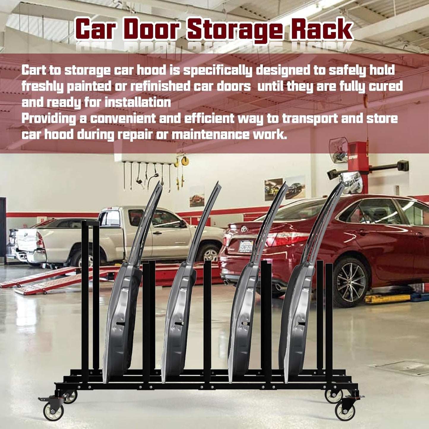 Vehicle Hood Storage Cart, 6 Hood Storage Rack with Dedicated Area for Each Hood Maximize Space Utilization 4 Inch Swivel Caster Allow Floor Mobile Vehicle Hood Storage Cart Smooth Maneuverability