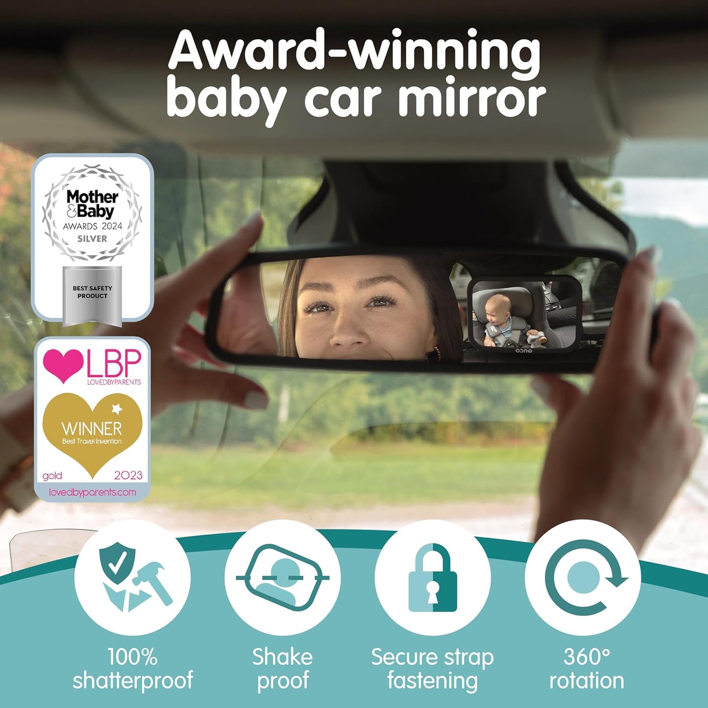 Onco Baby Car Mirror & Car Window Shades Bundle (18.9″ × 12″) - UPF 50+ Window Shade, 100% Shatter-Proof Car Mirror for Baby, Universal Shades & Mirror