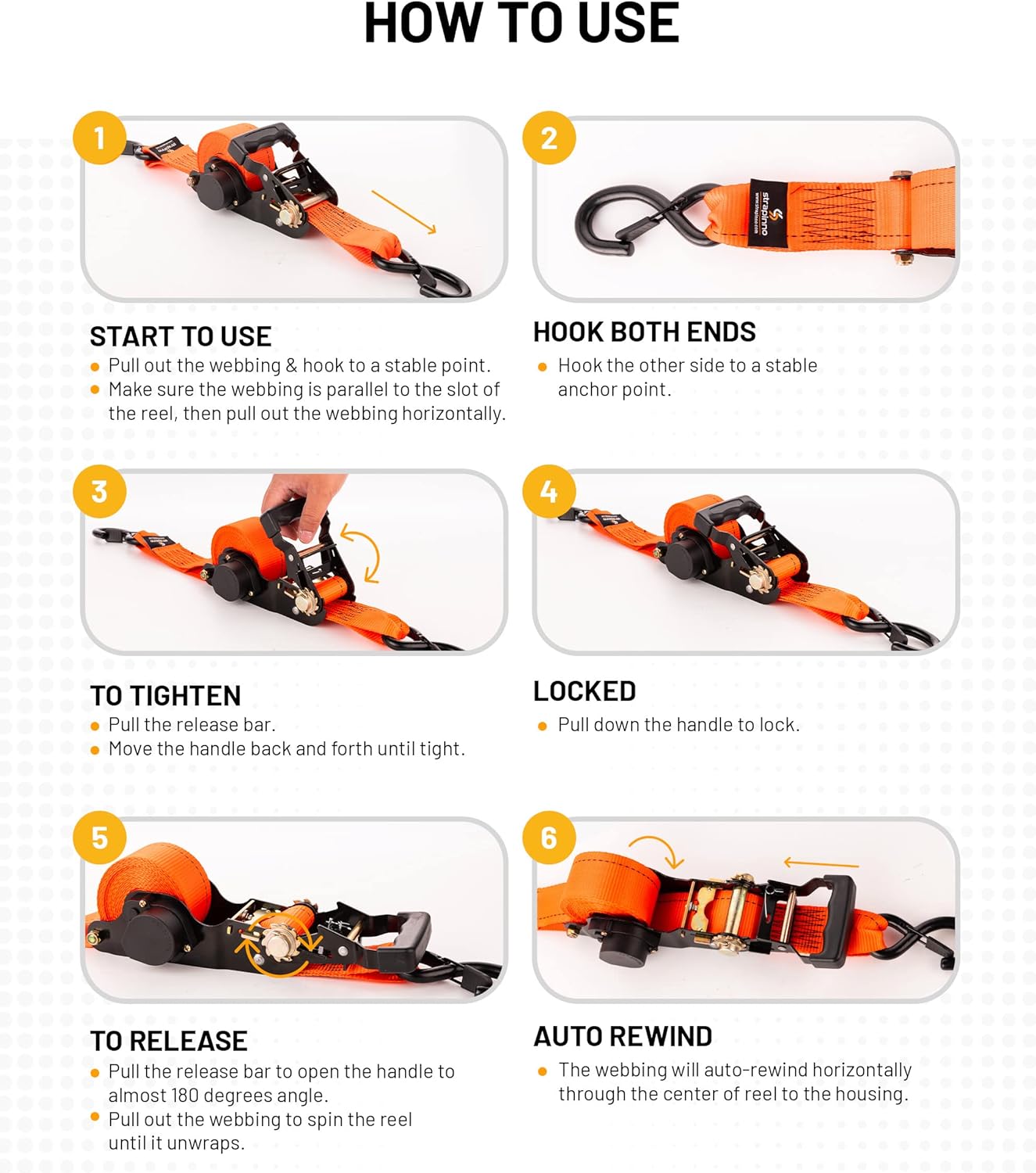 Strapinno 2PCs Retractable Ratchet Tie-Down Straps,5,000 lbs Break Strength- 2 in x 12 ft Heavy Duty Ratchet Strap with Safety Lock S Hooks for Motorcycles, ATVs, UTVs, Lawn Equipment & Cargo-Orange