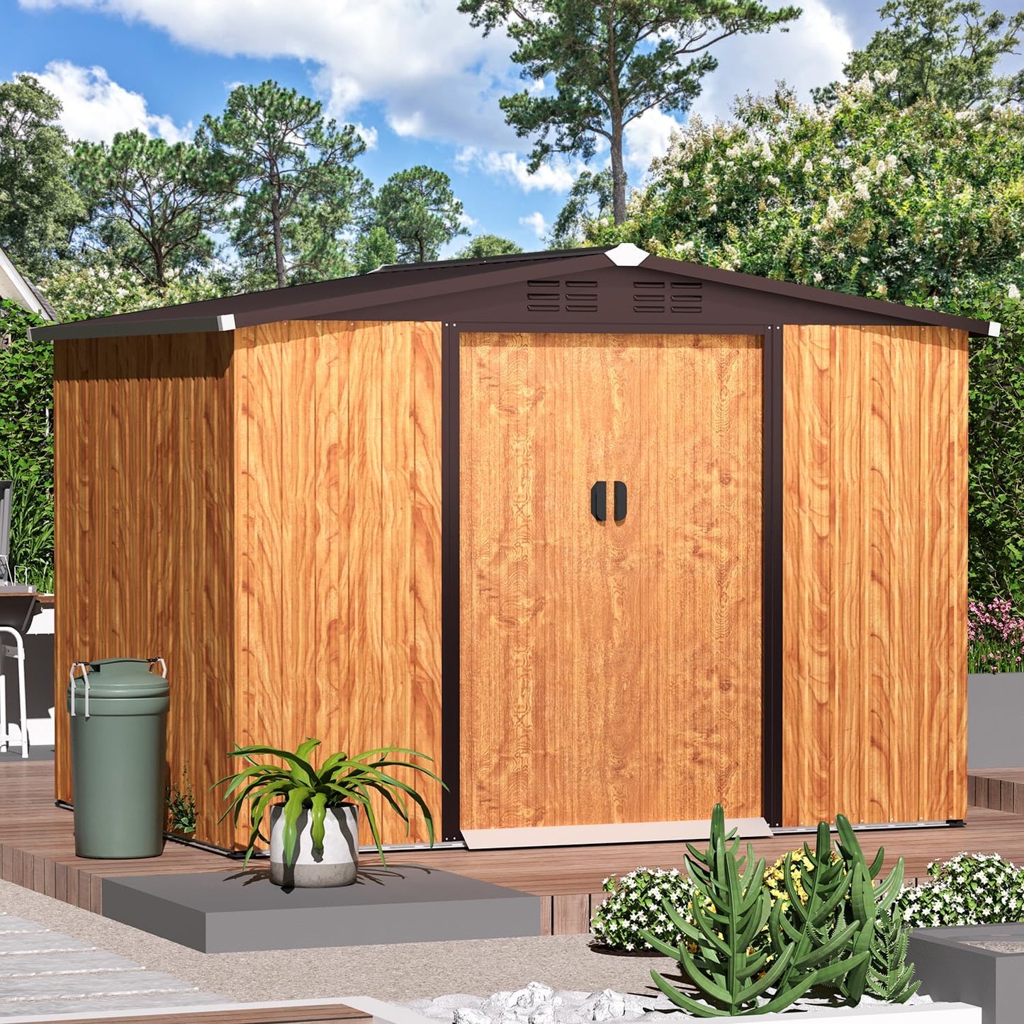 U-MAX Shed 8x6 Woodgrain Outdoor Storage Shed, Metal Outside Storage Garden Sheds & Outdoor Storage with Sliding Doors, 6x8 Tool Shed Outdoor Cabinet for Backyard Lawn and Outside Use