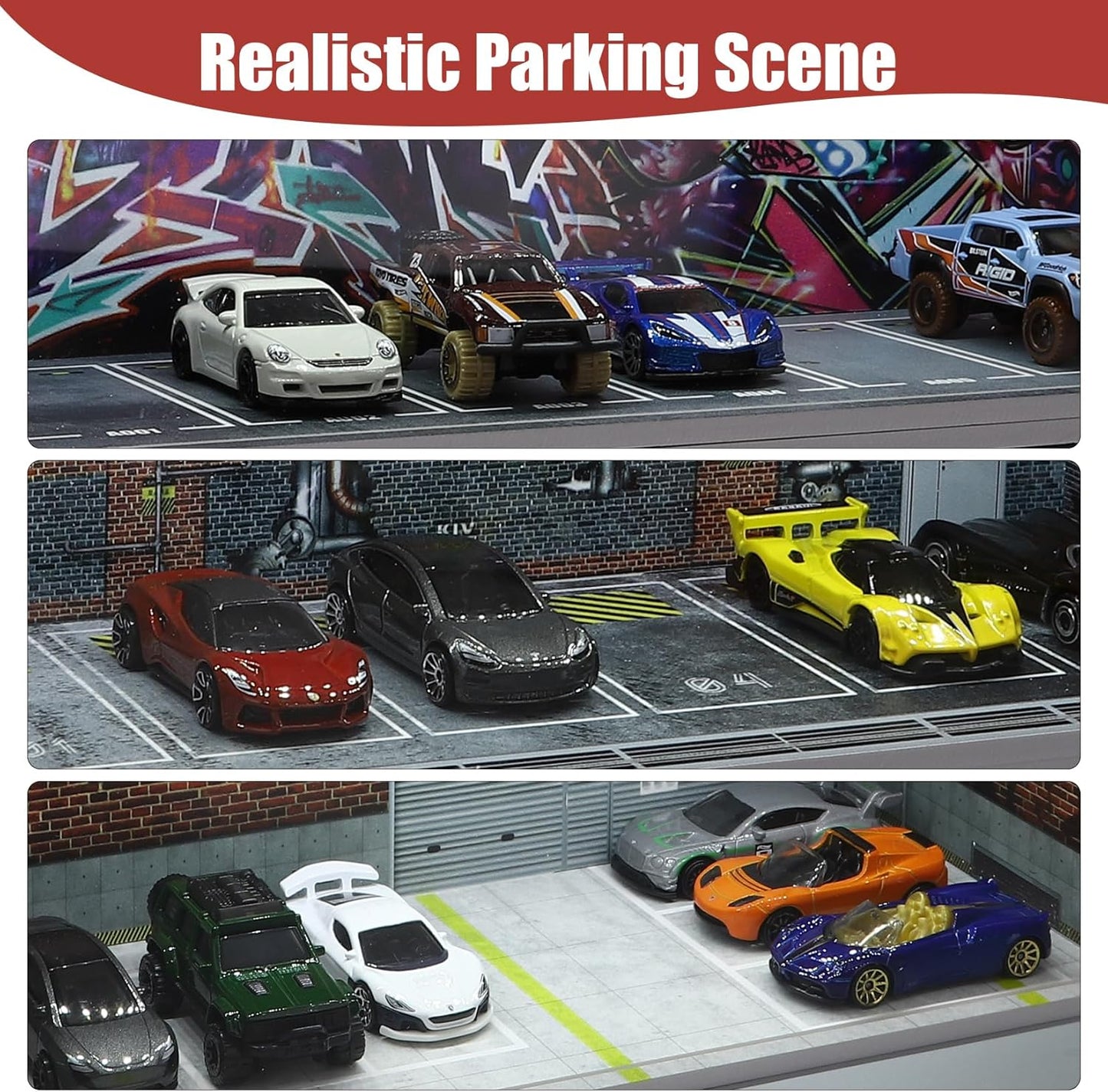 Display Case for Hot Wheels: Stackable Parking Garage for 1/64 Scale Matchbox Toy Car, FoamBoard Storage for Monster Trucks with LED Light and Acrylic Cover, Graffiti Wall