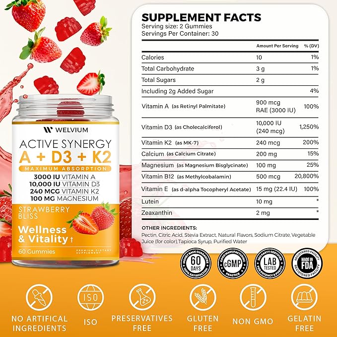 Vitamin D3 K2 Gummies 10000 IU with Magnesium Glycinate, Calcium, B12, K2 MK-7, Vitamins A, E, Lutein, Zeaxanthin - ADK Chewable Supplement for Bone, Heart, Eye, Immune Support - D3K2 Gummies