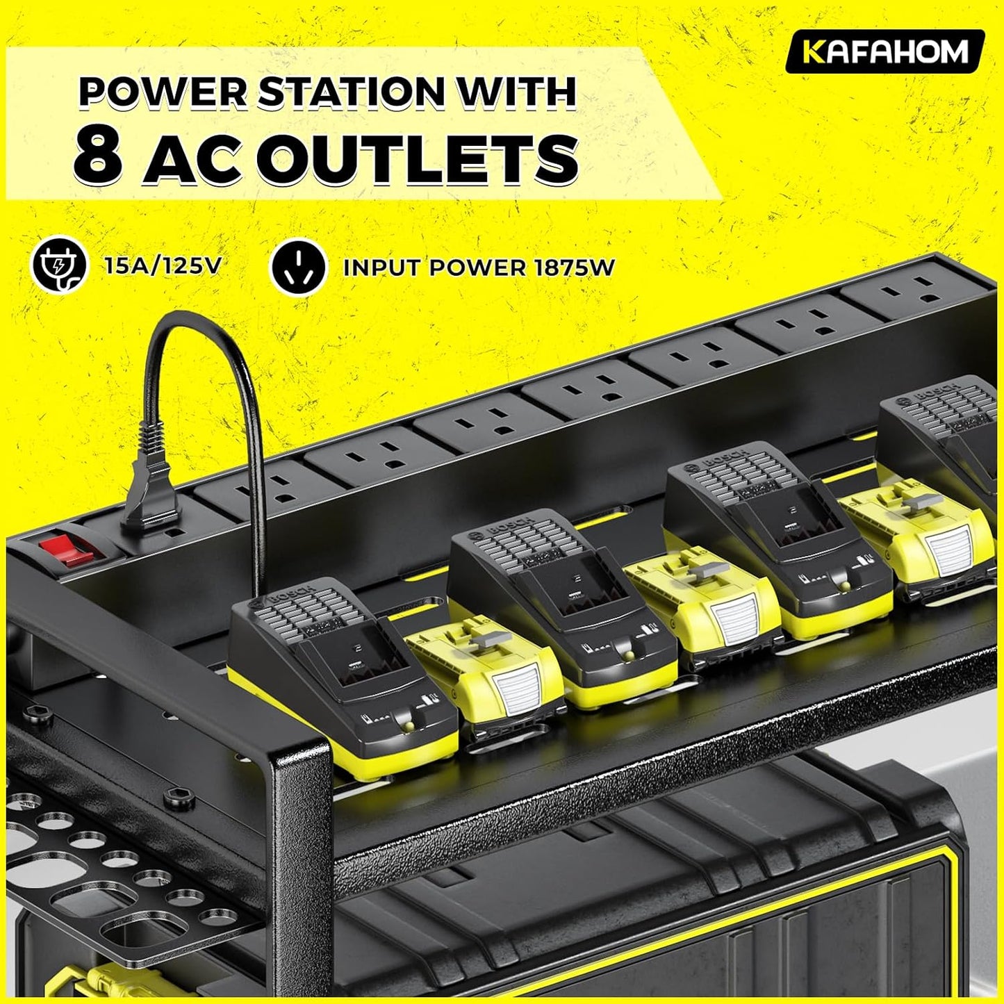 KAFAHOM Power Tool Organizer with Charging Station.Garage 8 Drill Holder Built in 8 Outlets Power Strip,Tool Storage Shelf Wall Mount,Tool Battery Organizer with Screwdriver/Hammer/Air Tool Rack
