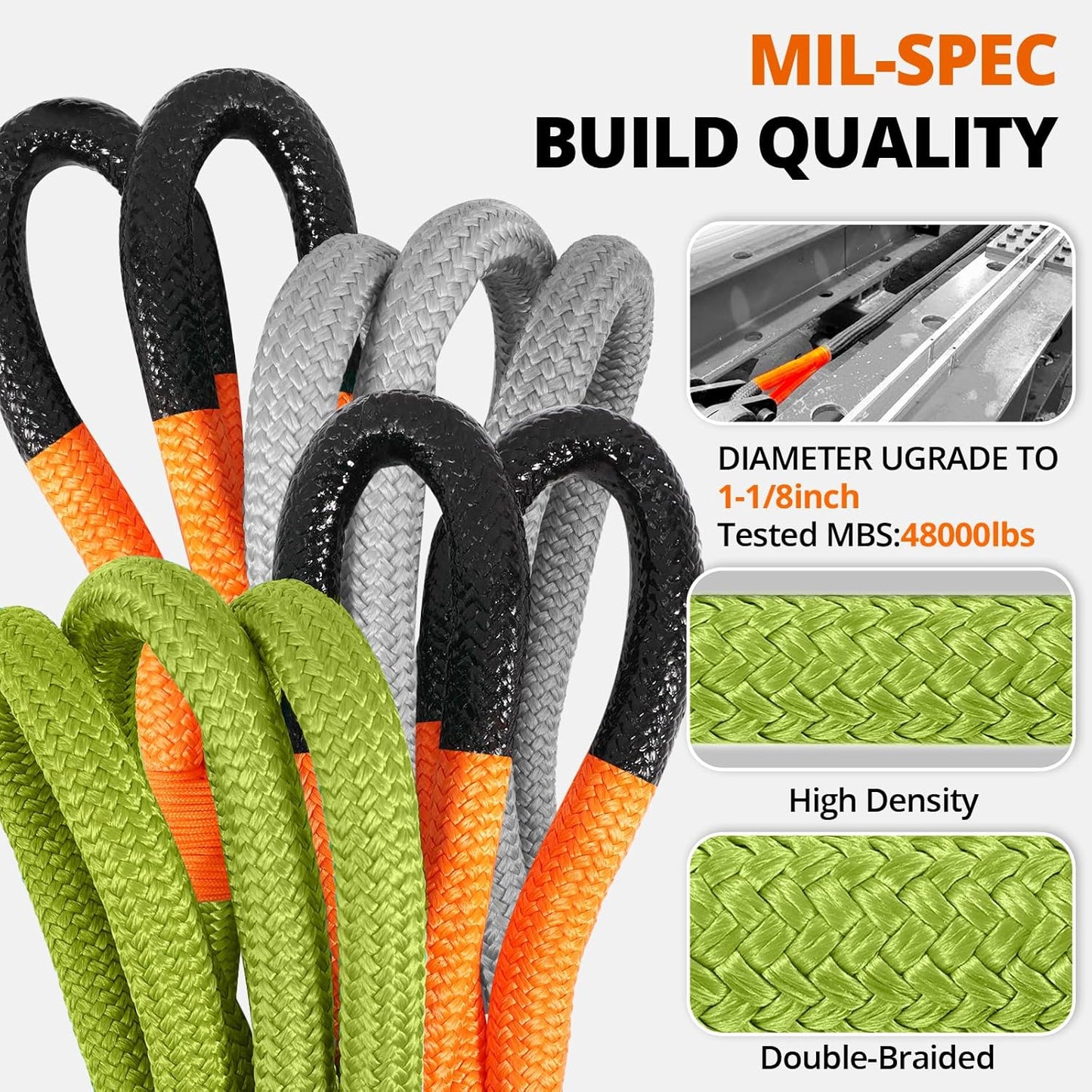 Kinetic Recovery Tow Rope 1-1/8" x30ft Offroad Snatch Strap 48000lbs Heavy Duty Towing Straps Kit for Trucks SUV UTV ATV Tractor Car Jeep - ArmyGreen
