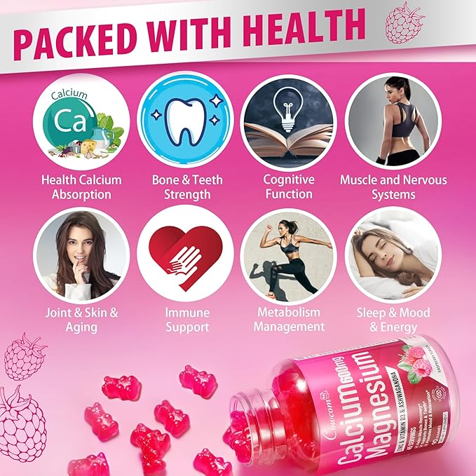 Calcium Magnesium Zinc Gummies & Vitamin D3,B6,B12,Immune & Supporting Bone Health Calcium Magnesium Supplement for Women Men,Sugar-Free Vegan Raspberry Flavor 90 Counts