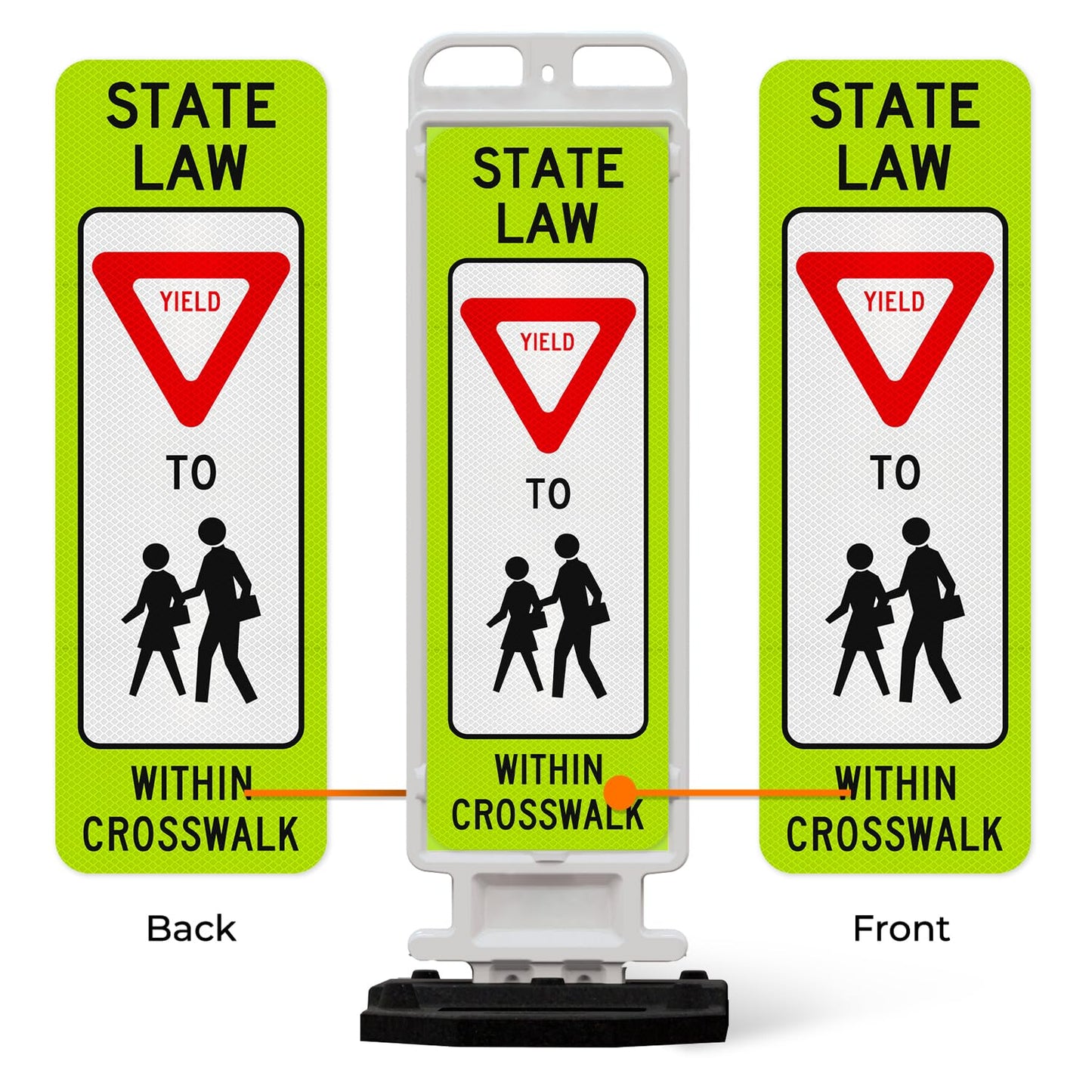 State Law Yield for Pedestrian in Crosswalk R1-6a MUTCD Sign, Double Sided 3M Engineer Grade Reflective, Portable Rubber Base, Impact Resistant Plastic Frame