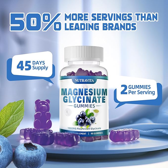 Magnesium Glycinate Gummies 1000mg with Magnesium L-Threonate,Chelated Magnesium Potassium Complex Supplement with VitD, B6, CoQ10, Calcium,Supports for Memory, Calm, Mood - 90 Gummies Blueberry