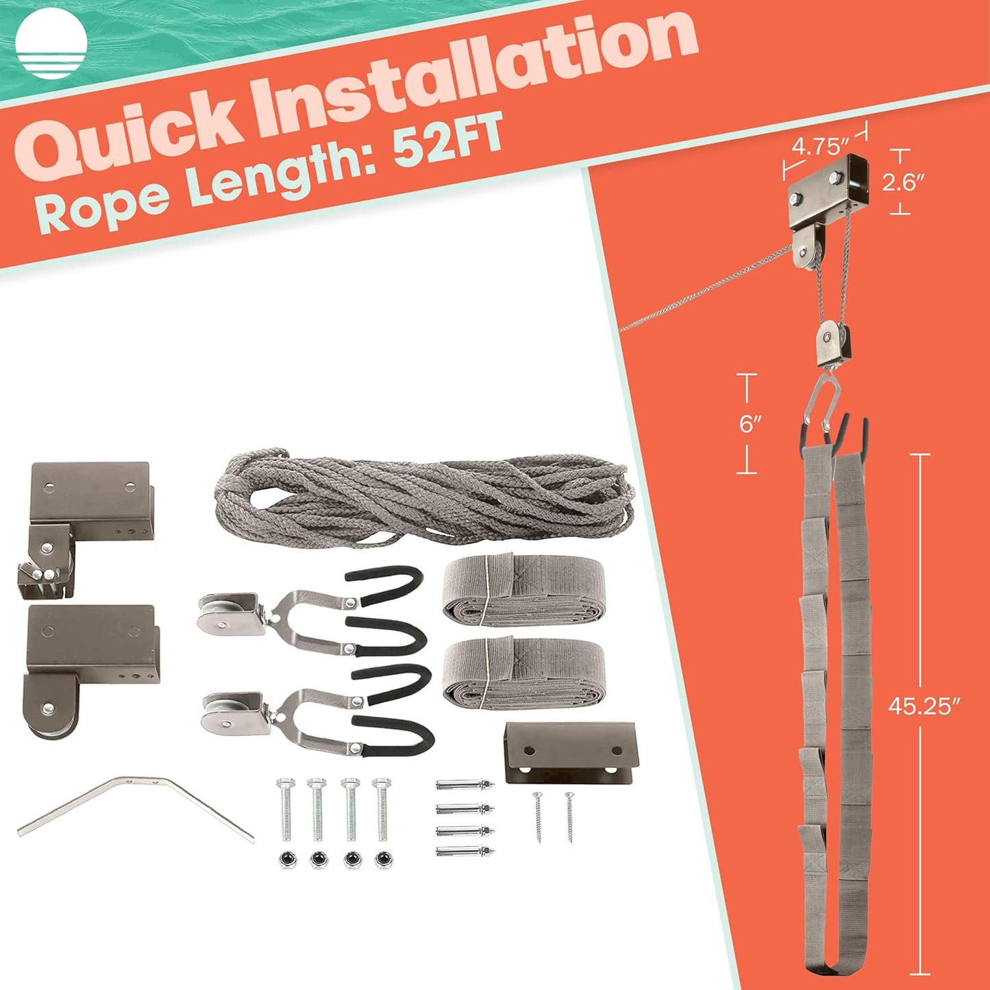 RAD Sportz Kayak Storage Hoist - Overhead Pulley System with 125lb Capacity for Canoes, Bikes, Ladders, and More for Ceilings up to 12ft (Gray)