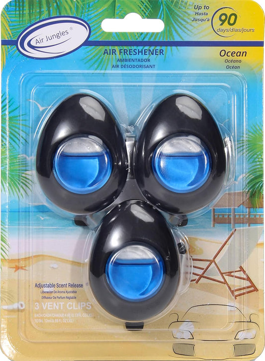 Air Jungles Car Air Freshener Vent Clip 3 Count, Ocean Scent, 4 ml Each, Long-Lasting Car Odor Eliminator, Easy Clip-On Design, Up to 90 Days Freshness for Cars, Trucks, and SUVs