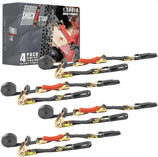 Ratchet Strap, 10' x 1" Shock Absorbing Heavy Duty Tie Downs for Cargo, 500 LB WLL / 1,500 LB Break Strength, 4-Pack