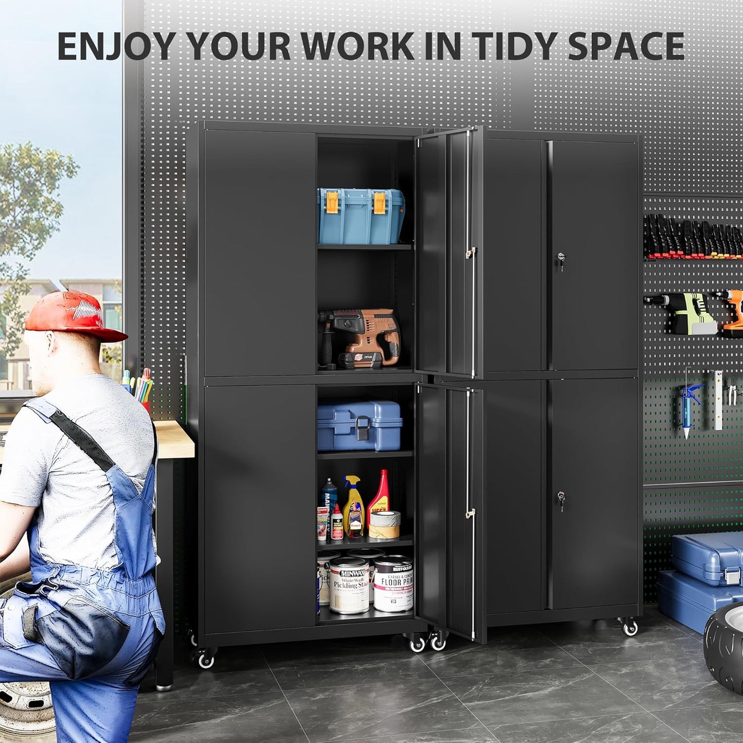 SISESOL Metal Storage Cabinet with Wheels,73" Rolling Garage Storage Cabinet with Lock,Black Metal Cabinets with Shelves and 4 Doors,Tall Tool Cabinets on Wheels for Garage,Home,Office,Shop