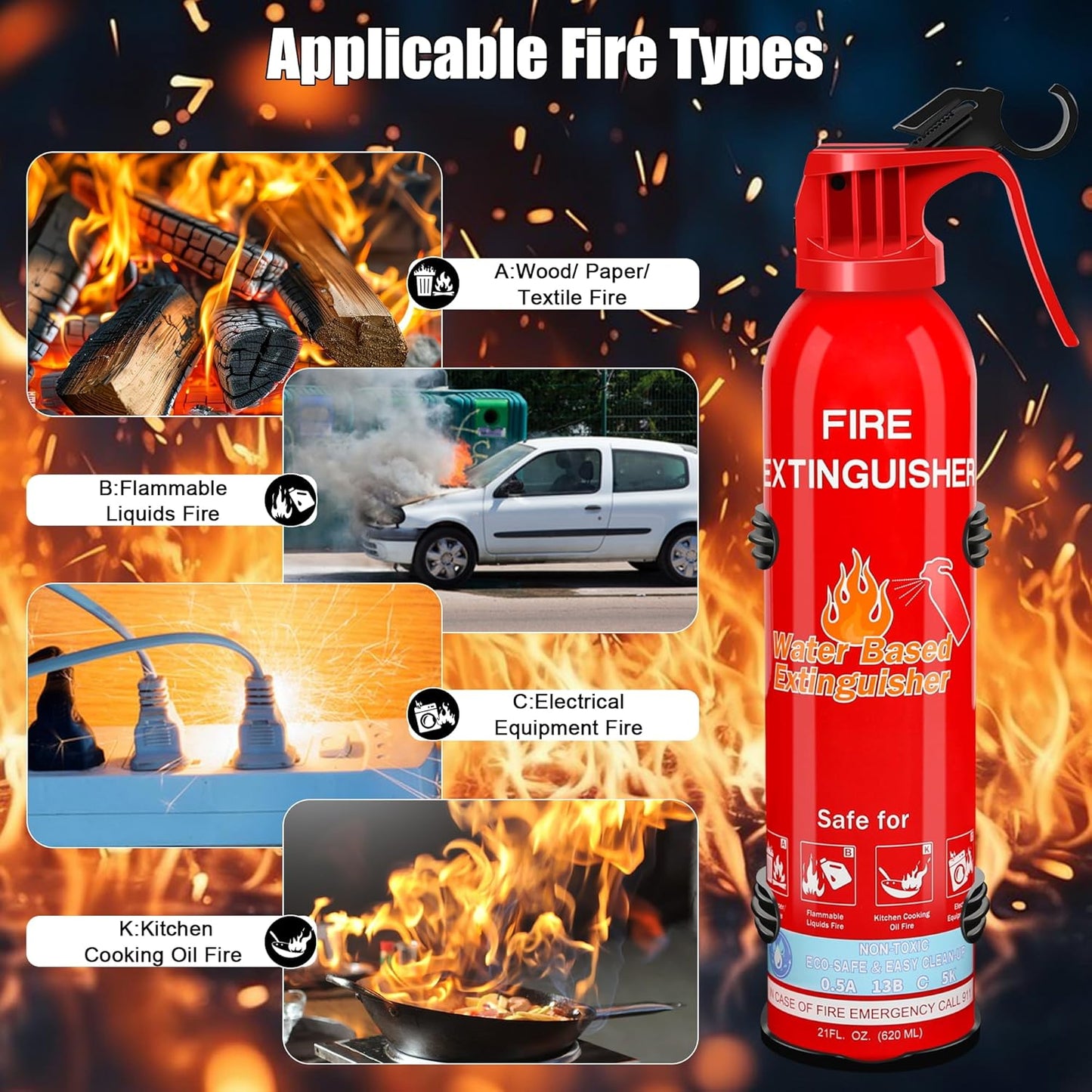 Fire Extinguisher for Home with Mount, 6 Pack Upgraded 8-in-1 Portable Fire Extinguishers For Vehicle Car Boat Marine Kitchen Emergency Supplies, Water-Based Extinguisher For A, B, C, K Fire Types