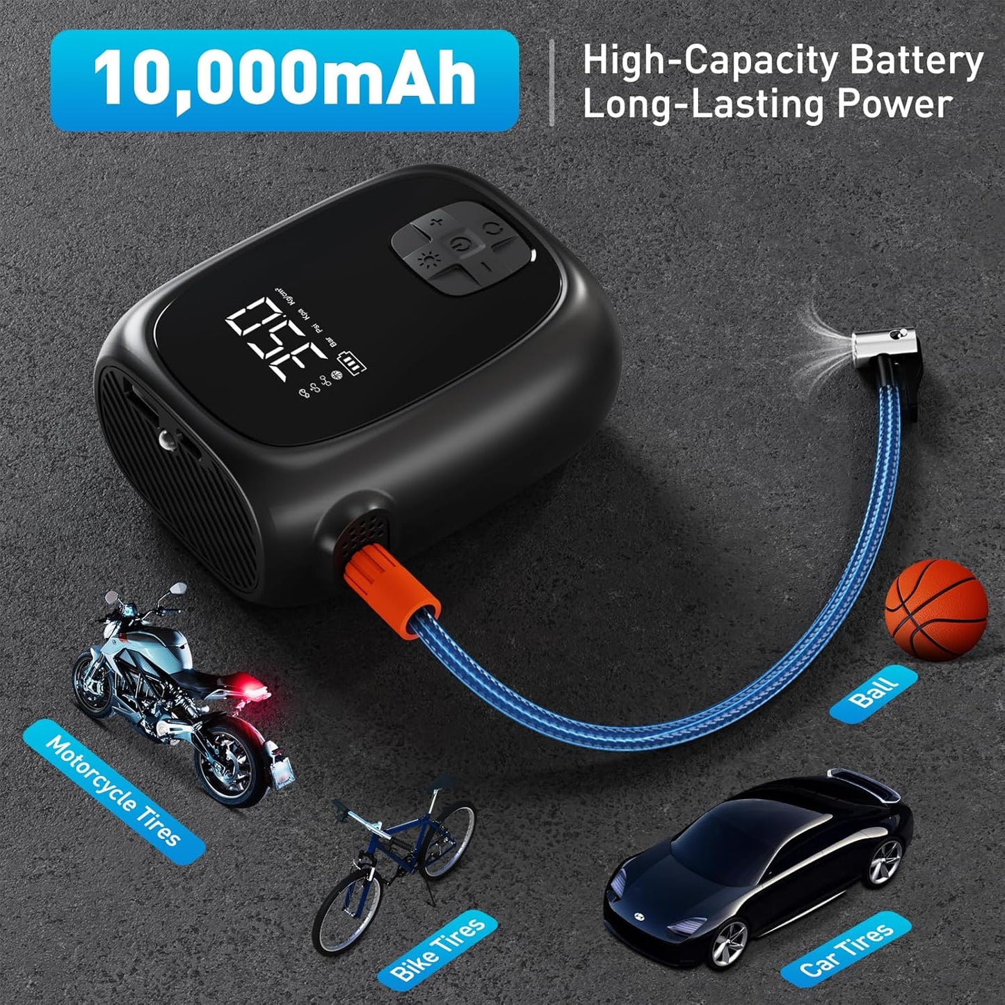 Tire Inflator Portable Air Compressor – Fast Inflation, Auto Shut-Off & LED Display | High-Power Air Pump for Car, Motorcycle & Bike Tires, USB Rechargeable & Compact Design, Gifts for Men