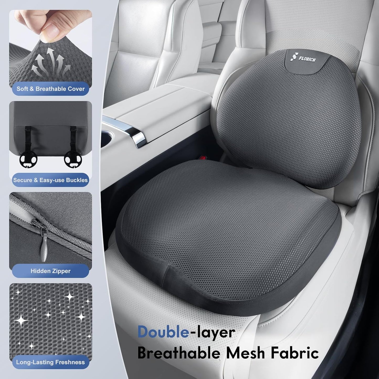 FLORICH Seat Cushion and Lumbar Support Pillow for Office Chair Car, Ergonomic Memory Foam Back Support for Office Gaming Chair Driving Seat Wheelchair, Relieves Neck, Back & Sciatica Pain – Gray