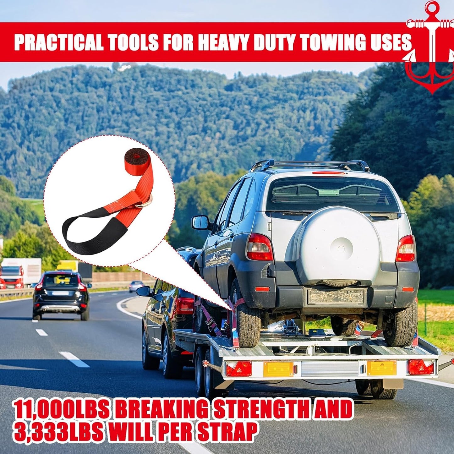 8Pack 2'' X 8ft Tow Truck Straps Lasso Wheel Lift Straps Lasso Tow Strap with D Ring 11, 000 Lbs Break Strength Auto Tie Down Auto Hauler for Trailer Truck Tie