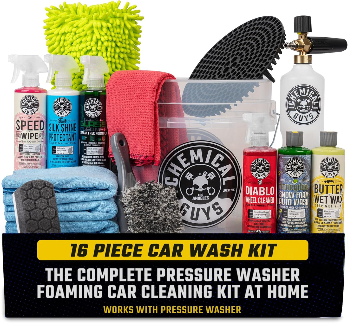 Chemical Guys HOL169 16-Piece Arsenal Builder Car Wash Kit with Foam Cannon, Bucket and (6) 16 Oz Car Care Cleaning Chemicals, Gift for Car & Truck Lovers, Dads and DIYers (Works W/Pressure Washers)