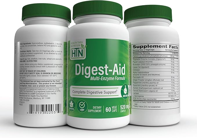 Digest-Aid | Complete Digestive Enzyme Formula with Pre and Probiotic | Digestion & Nutrient Absorption Support | Fast Acting Discomfort Relief | Non-GMO | by Health Thru Nutrition (Pack of 60)