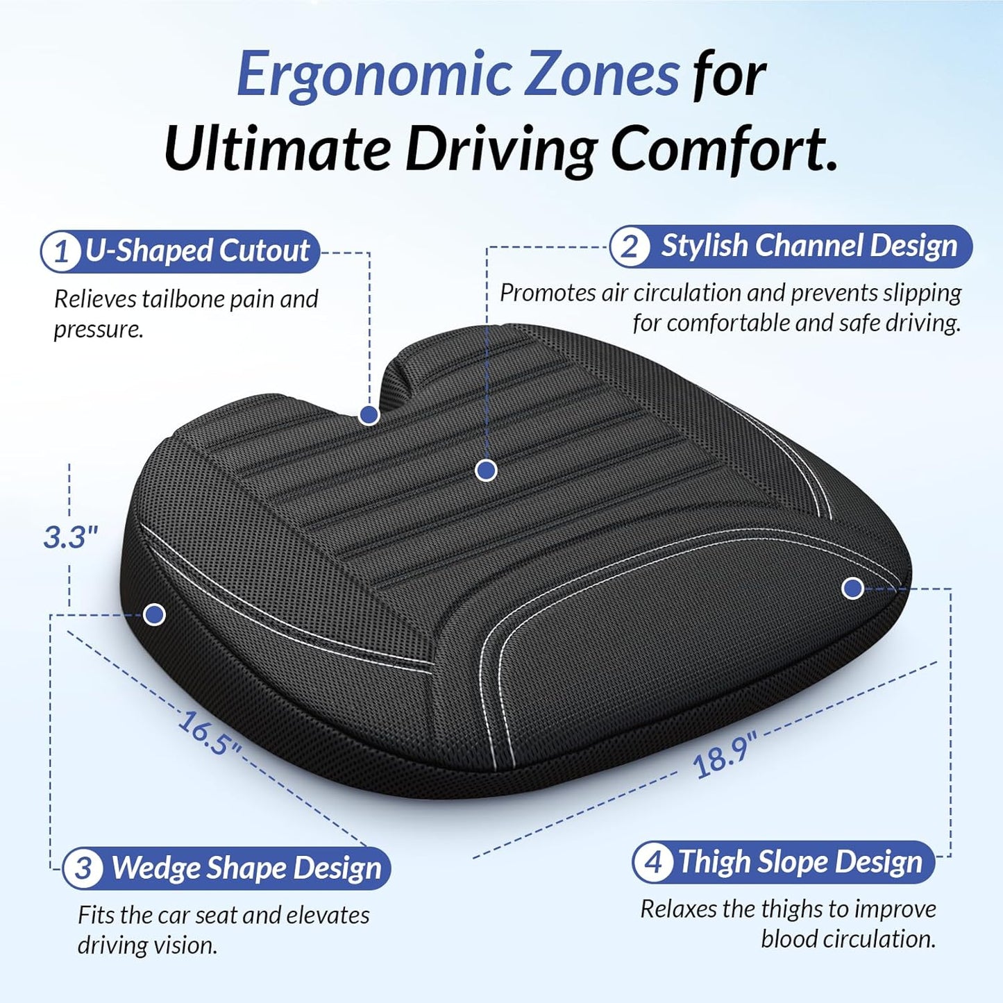 ZIKEE All-Season Car Seat Cushion for Comfortable & Safe Driving, Breathable Seat Cushion for Car with Ventilated Channel & Mesh Cover, Memory Foam for Sciatica, Tailbone & Back Pain Relief, Anti-Slip