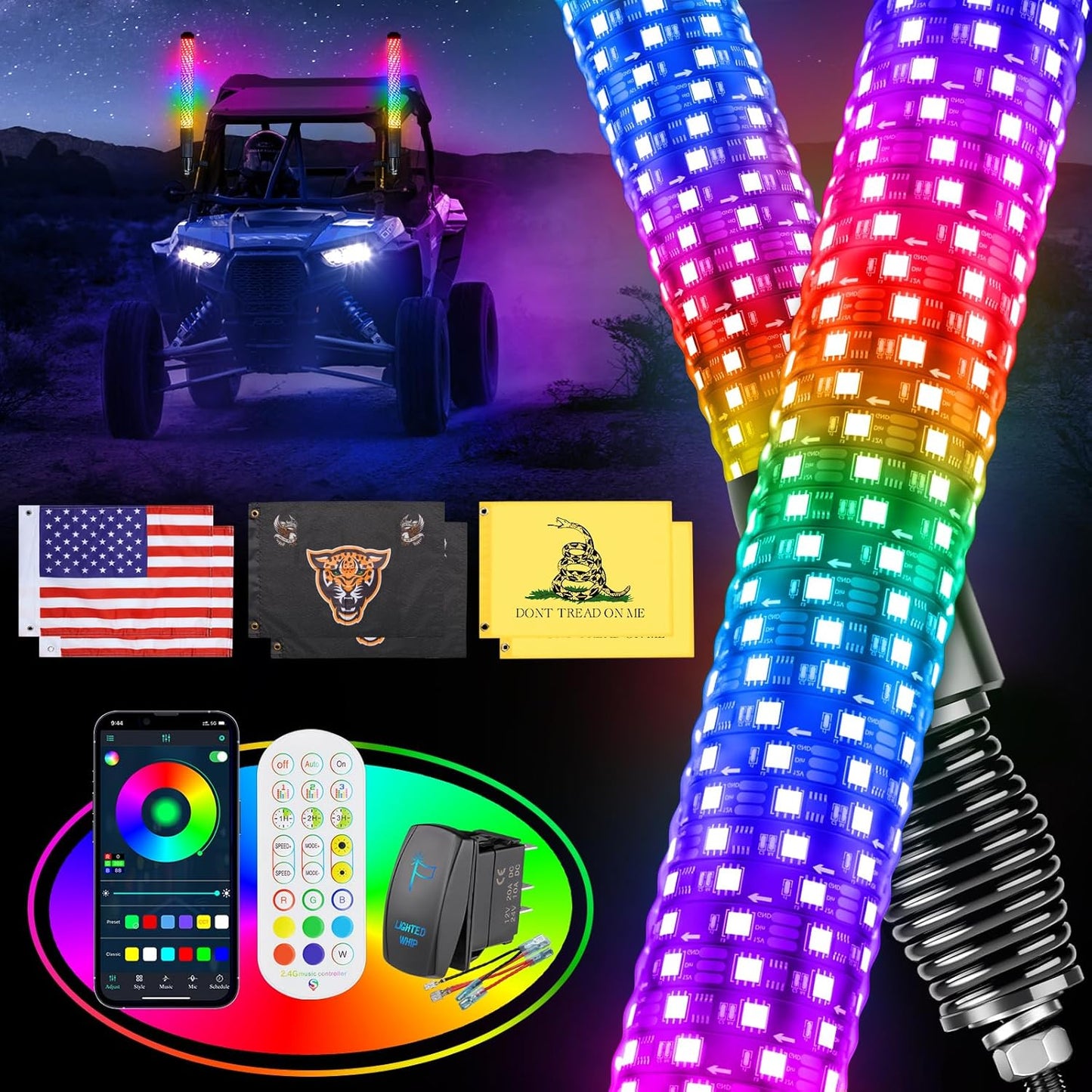 2PCS 3FT Fat Whip Lights for UTV ATV with Spring Base, Led Fatty Whip Light W/Rocker Switch & 6 Flags, Brighter Spiral Chasing Lighted Antenna Whip with APP & Remote Control for RZR SXS Can-Am