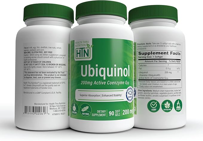 Health Thru Nutrition Ubiquinol 200mg 90 Softgels as Kaneka QH Reduced CoQ-10 | Stabilized - 3rd Party Tested | Enhanced Bioavailability | Cardiovascular & Mitochondria Function Support | Non-GMO