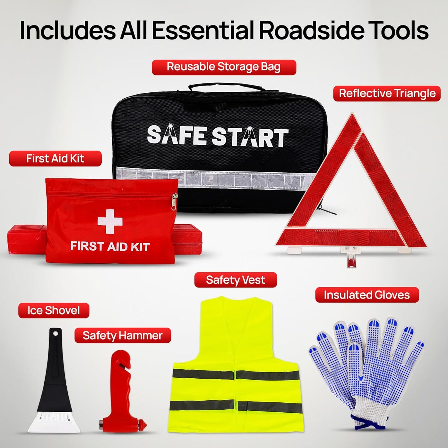 Car Emergency Kit - Car Safety Kit with First Aid, Safety Hammer, Reflectors, Gloves, Ice Shovel - Compact Roadside Tool Kit for Repairs, Snow, Accidents - Protect Your Family on The Road