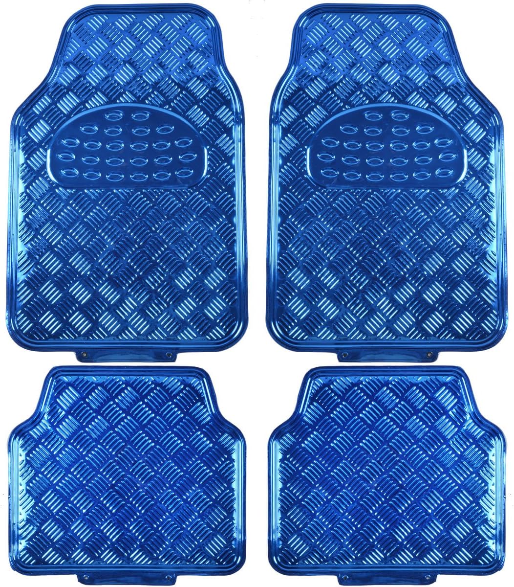 BDK 4-Piece All-Weather Universal Fit Front & Rear Floor Mats for Cars Trucks SUVs Vans, All-Weather Easy-to-Clean Diamond Metal Pattern Durable Heavy Duty Non-Slip Protection - Metallic Blue
